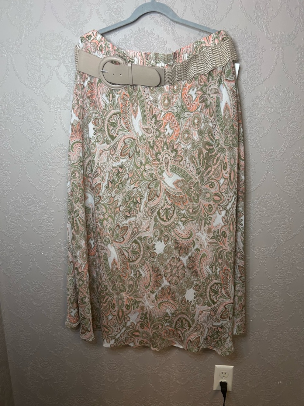 Roz & Ali Peach and Olive Paisley A-Line Midi Skirt with Neutral Belt